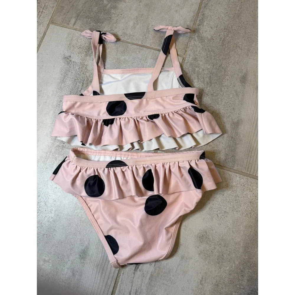 Tucker + Tate Girls Pink Black‎ Polka Dot Ruffle 2PC Swimsuit Bikini Size 7 0191